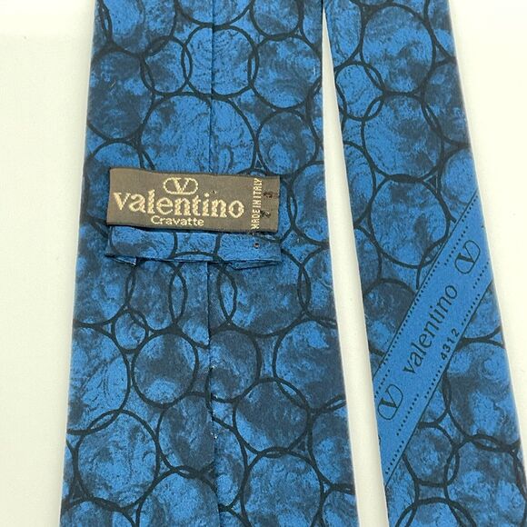 Valentino Cravatte Neck Tie Mens Blue Black‎ Patterned Silk Made in Italy - Picture 1 of 5
